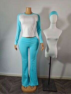 Three-Piece Long-Sleeve Crop Top and Flare Pants Set